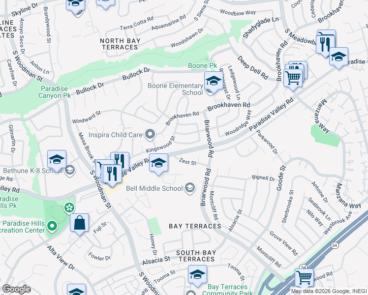 map of restaurants, bars, coffee shops, grocery stores, and more near 7230 Zest Street in San Diego