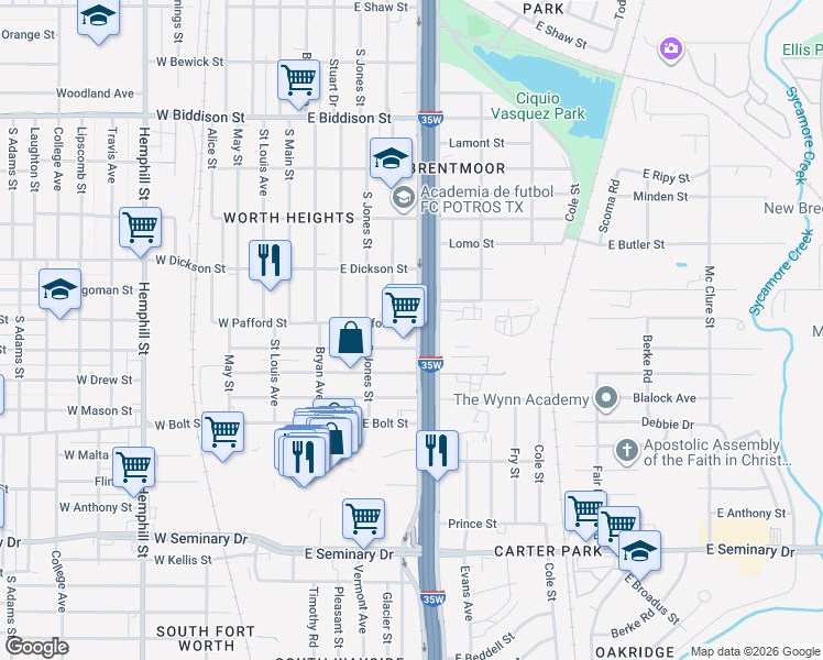 map of restaurants, bars, coffee shops, grocery stores, and more near 604 East Fogg Street in Fort Worth