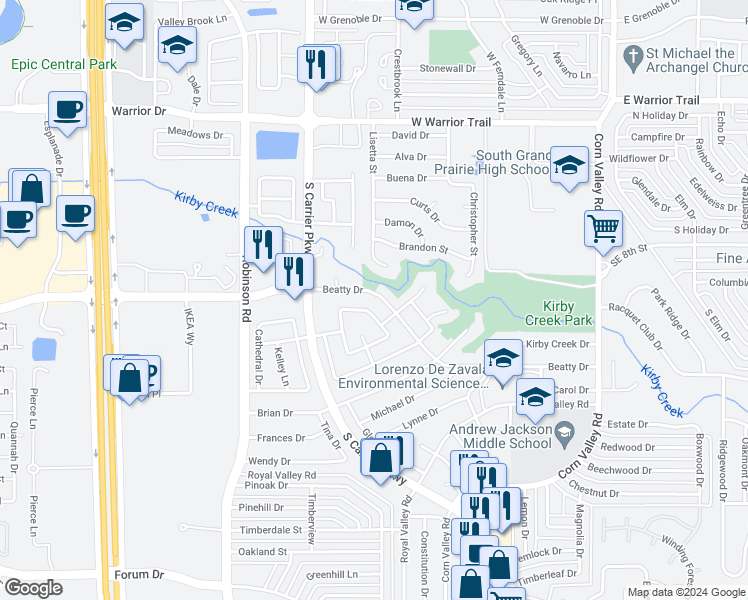 map of restaurants, bars, coffee shops, grocery stores, and more near 621 Beatty Drive in Grand Prairie