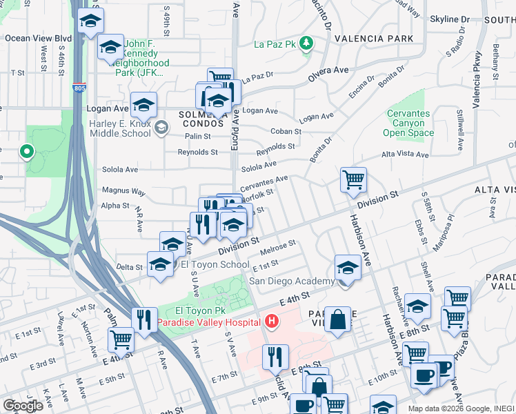 map of restaurants, bars, coffee shops, grocery stores, and more near 2513 Beta Street in National City