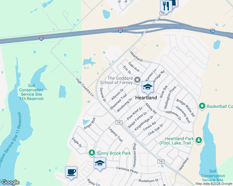 map of restaurants, bars, coffee shops, grocery stores, and more near 2021 Allyson Drive in Forney