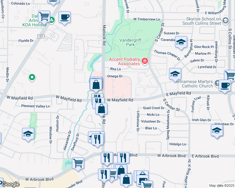 map of restaurants, bars, coffee shops, grocery stores, and more near 515 West Mayfield Road in Arlington