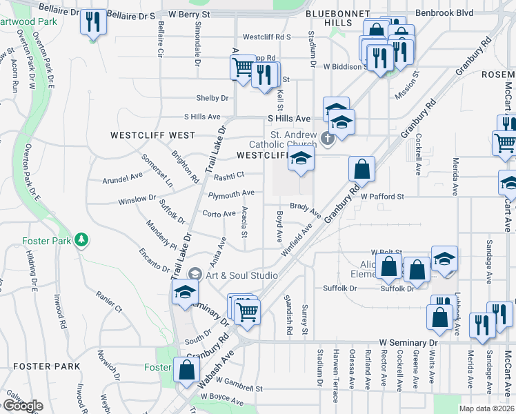 map of restaurants, bars, coffee shops, grocery stores, and more near 4017 Carolyn Road in Fort Worth