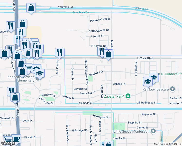 map of restaurants, bars, coffee shops, grocery stores, and more near 1000 Meadows Drive in Calexico
