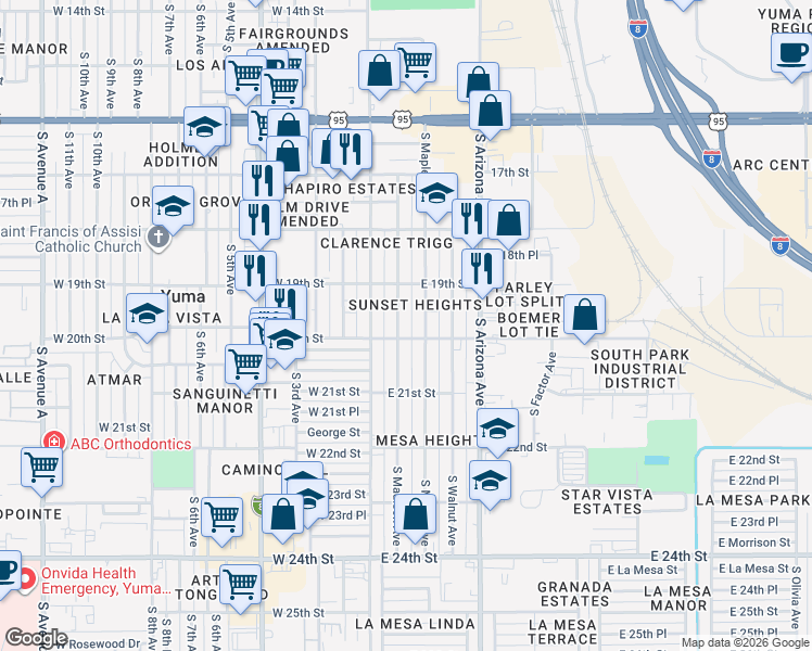 map of restaurants, bars, coffee shops, grocery stores, and more near 2010 South Madison Avenue in Yuma