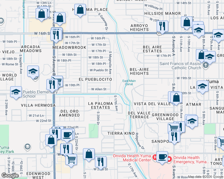 map of restaurants, bars, coffee shops, grocery stores, and more near 1700 West Del Oro Lane in Yuma