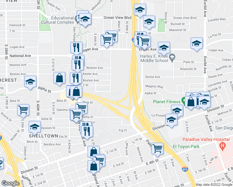 map of restaurants, bars, coffee shops, grocery stores, and more near 1465 South 45th Street in San Diego