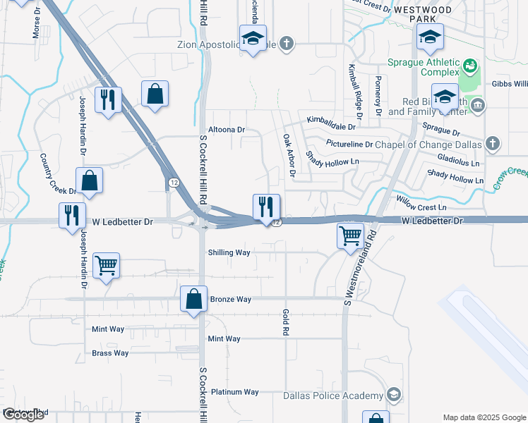 map of restaurants, bars, coffee shops, grocery stores, and more near 4130 South Walton Walker Boulevard in Dallas