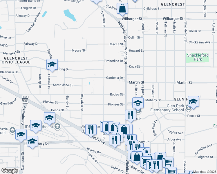 map of restaurants, bars, coffee shops, grocery stores, and more near 3121 Rodeo Street in Fort Worth