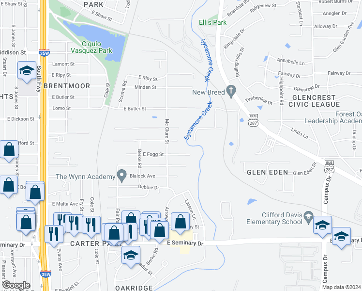 map of restaurants, bars, coffee shops, grocery stores, and more near 1348 East Fogg Street in Fort Worth