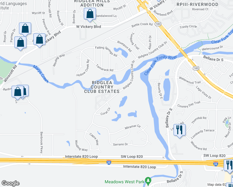map of restaurants, bars, coffee shops, grocery stores, and more near 4013 Ridglea Country Club Drive in Fort Worth
