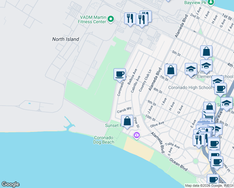 map of restaurants, bars, coffee shops, grocery stores, and more near 920 Coronado Avenue in Coronado