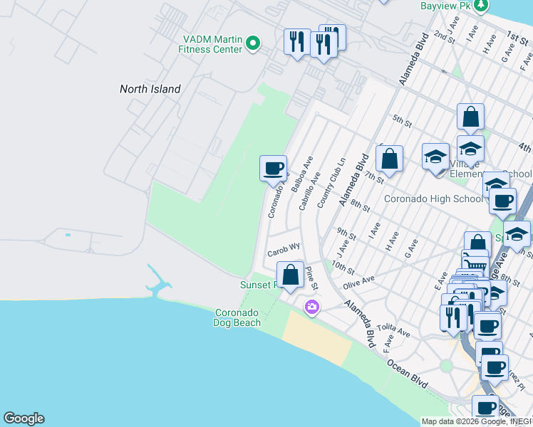 map of restaurants, bars, coffee shops, grocery stores, and more near 920 Coronado Avenue in Coronado