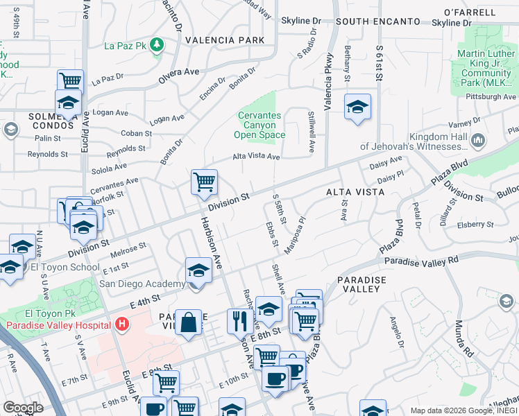 map of restaurants, bars, coffee shops, grocery stores, and more near 1408 Ebbs Street in San Diego