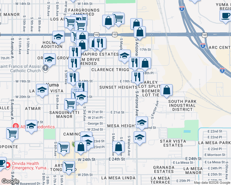 map of restaurants, bars, coffee shops, grocery stores, and more near 2010 South Madison Avenue in Yuma