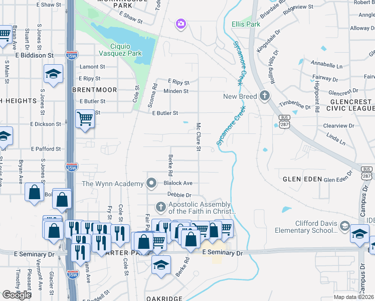 map of restaurants, bars, coffee shops, grocery stores, and more near 1236 East Fogg Street in Fort Worth