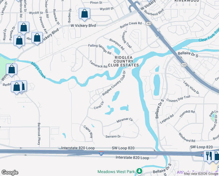 map of restaurants, bars, coffee shops, grocery stores, and more near 4013 Ridglea Country Club Drive in Fort Worth
