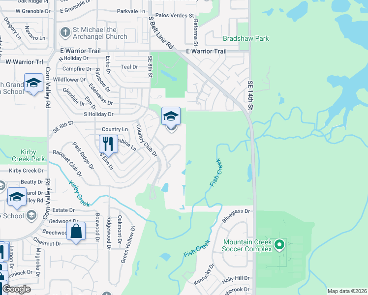 map of restaurants, bars, coffee shops, grocery stores, and more near 3434 Country Club Circle in Grand Prairie