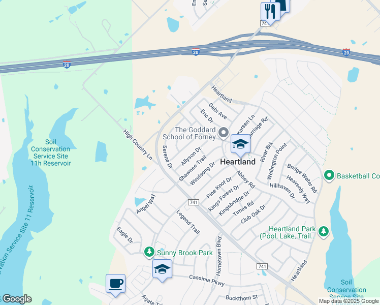 map of restaurants, bars, coffee shops, grocery stores, and more near 2023 Allyson Drive in Forney