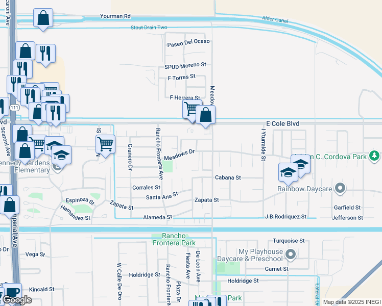 map of restaurants, bars, coffee shops, grocery stores, and more near 1080 Meadows Drive in Calexico