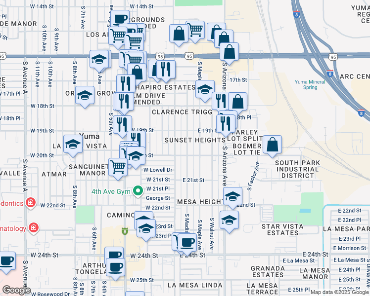 map of restaurants, bars, coffee shops, grocery stores, and more near 1930 South Madison Avenue in Yuma