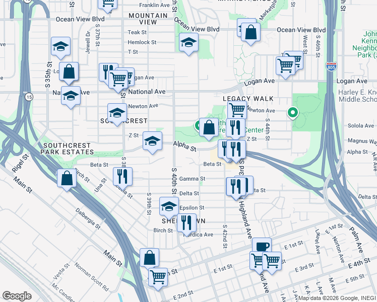 map of restaurants, bars, coffee shops, grocery stores, and more near 4074 Alpha Street in San Diego
