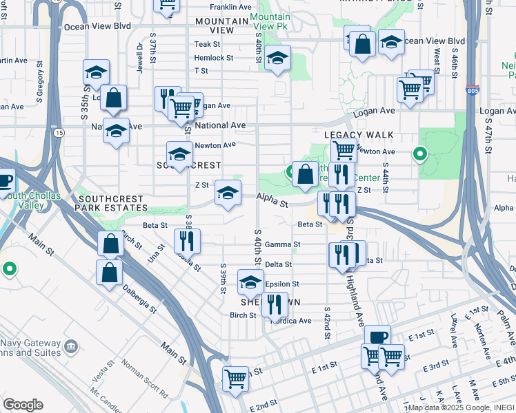map of restaurants, bars, coffee shops, grocery stores, and more near 1347 South 40th Street in San Diego
