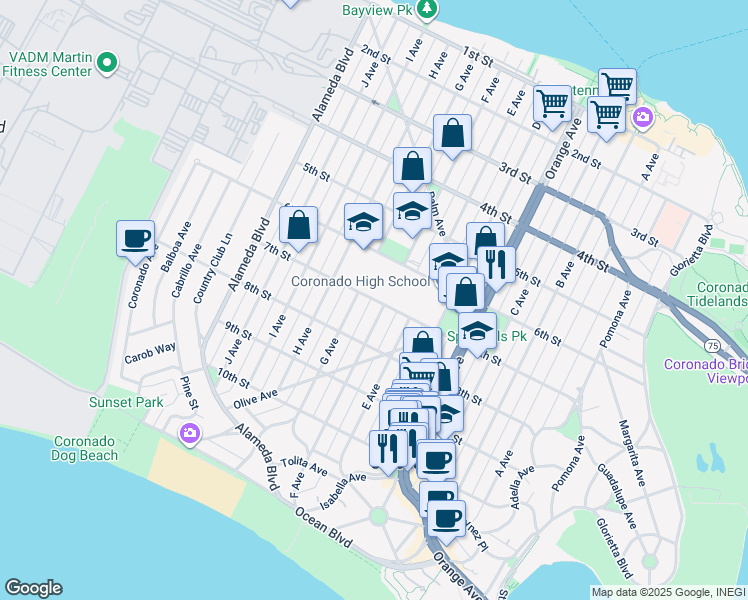 map of restaurants, bars, coffee shops, grocery stores, and more near 705 7th Street in Coronado