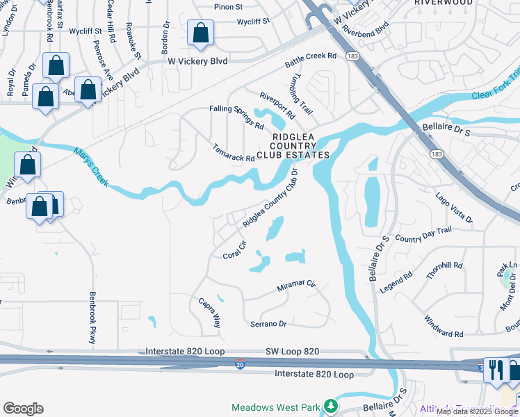 map of restaurants, bars, coffee shops, grocery stores, and more near 4022 Ridglea Country Club Drive in Fort Worth