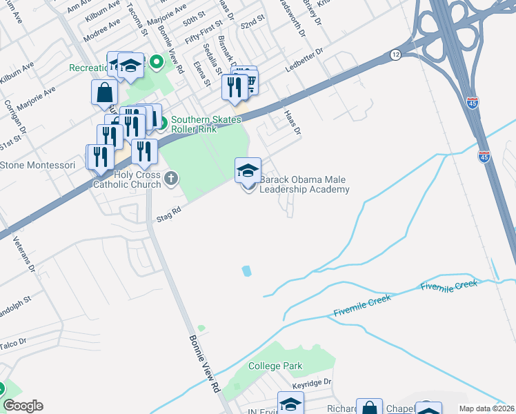 map of restaurants, bars, coffee shops, grocery stores, and more near 3030 Stag Road in Dallas
