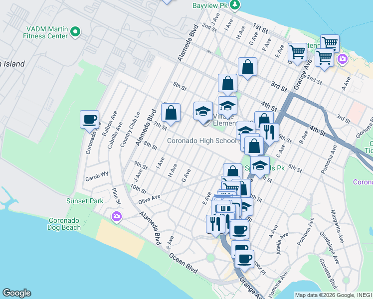 map of restaurants, bars, coffee shops, grocery stores, and more near 733 H Avenue in Coronado