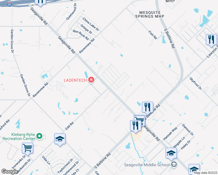 map of restaurants, bars, coffee shops, grocery stores, and more near 14565 Seagoville Road in Dallas