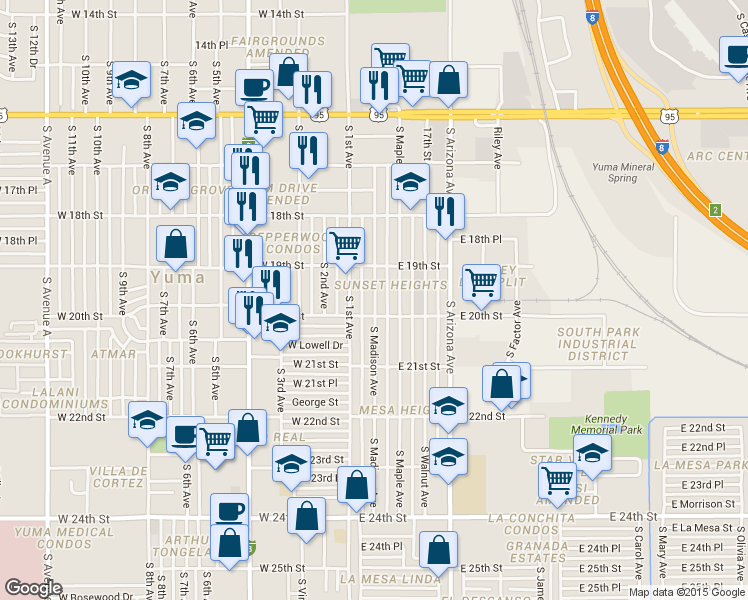 map of restaurants, bars, coffee shops, grocery stores, and more near 1962 South Madison Avenue in Yuma