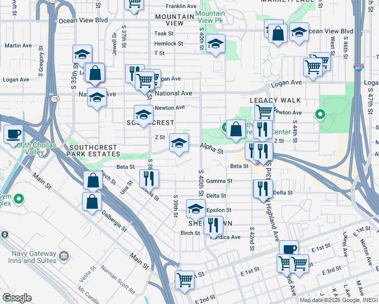 map of restaurants, bars, coffee shops, grocery stores, and more near 1404 South 40th Street in San Diego
