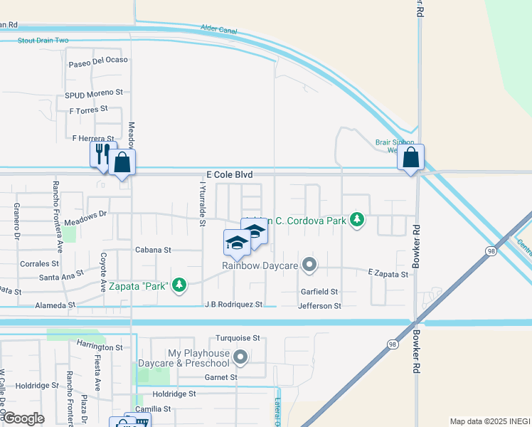 map of restaurants, bars, coffee shops, grocery stores, and more near 2242 G Woo Avenue in Calexico