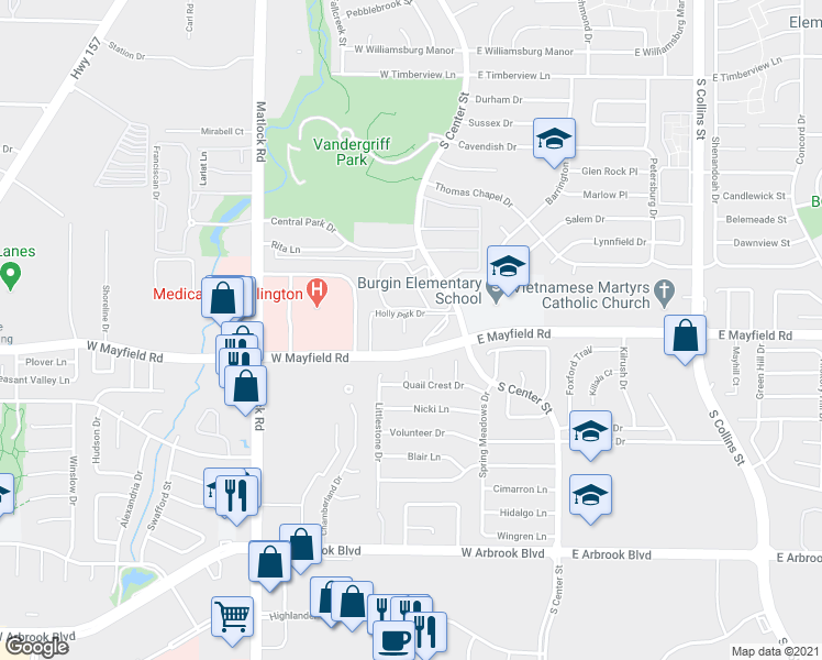 map of restaurants, bars, coffee shops, grocery stores, and more near 300 Holly Park Drive in Arlington
