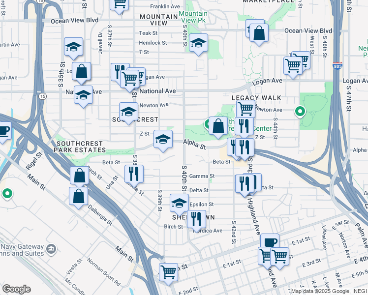 map of restaurants, bars, coffee shops, grocery stores, and more near 1404 South 40th Street in San Diego