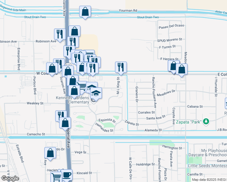map of restaurants, bars, coffee shops, grocery stores, and more near 291 Avenida Campillo in Calexico