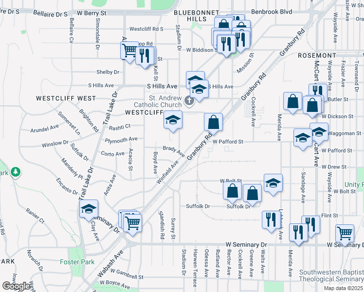 map of restaurants, bars, coffee shops, grocery stores, and more near 3901 Stadium Drive in Fort Worth