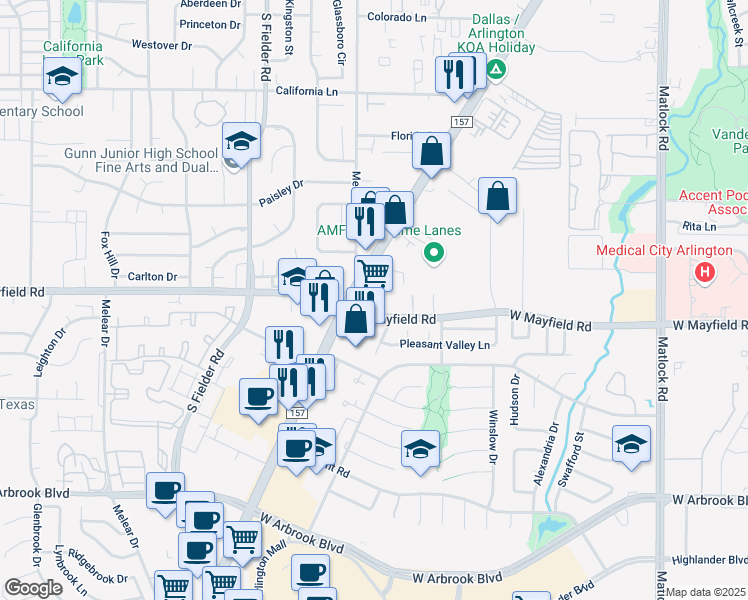 map of restaurants, bars, coffee shops, grocery stores, and more near 3217 South Cooper Street in Arlington