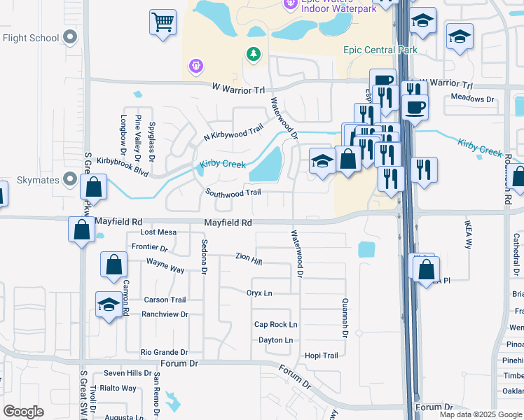map of restaurants, bars, coffee shops, grocery stores, and more near 3235 Crystal Brook Court in Grand Prairie