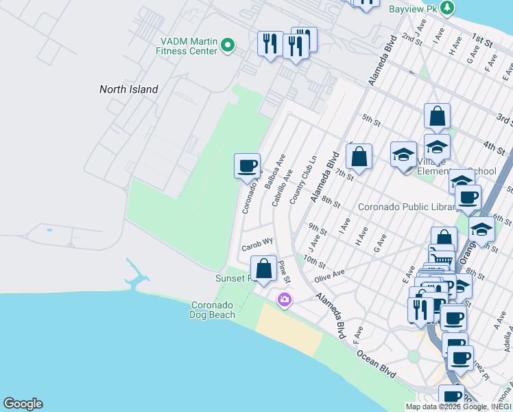 map of restaurants, bars, coffee shops, grocery stores, and more near 910 Balboa Avenue in Coronado