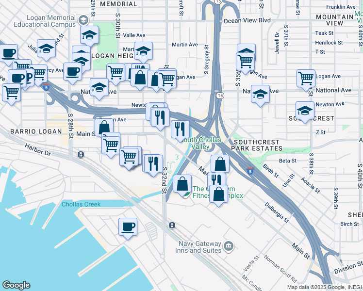 map of restaurants, bars, coffee shops, grocery stores, and more near 3204 Main Street in San Diego