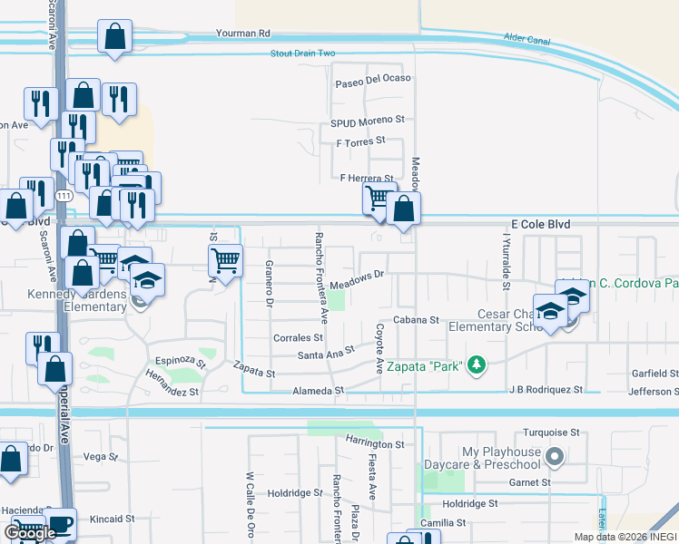 map of restaurants, bars, coffee shops, grocery stores, and more near 1000 Meadows Drive in Calexico