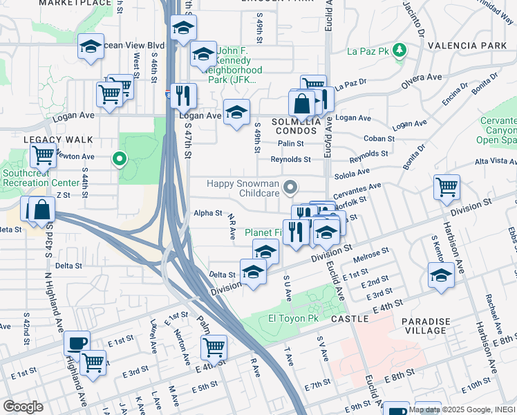 map of restaurants, bars, coffee shops, grocery stores, and more near 4863 Wyconda Lane in San Diego