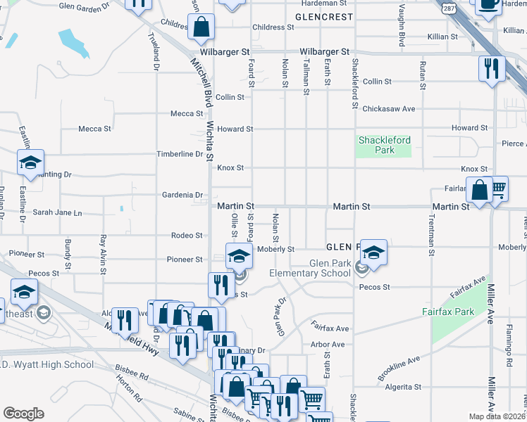 map of restaurants, bars, coffee shops, grocery stores, and more near 3321 Martin Street in Fort Worth