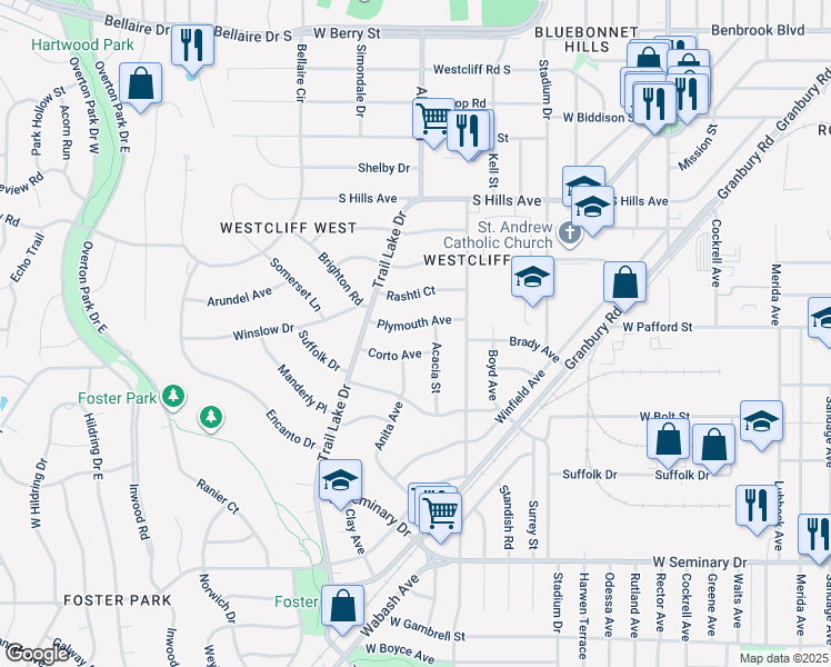 map of restaurants, bars, coffee shops, grocery stores, and more near 3516 Plymouth Avenue in Fort Worth
