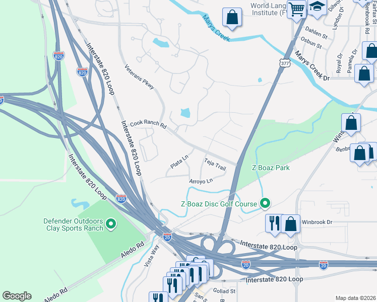 map of restaurants, bars, coffee shops, grocery stores, and more near 5500 Plata Lane in Benbrook