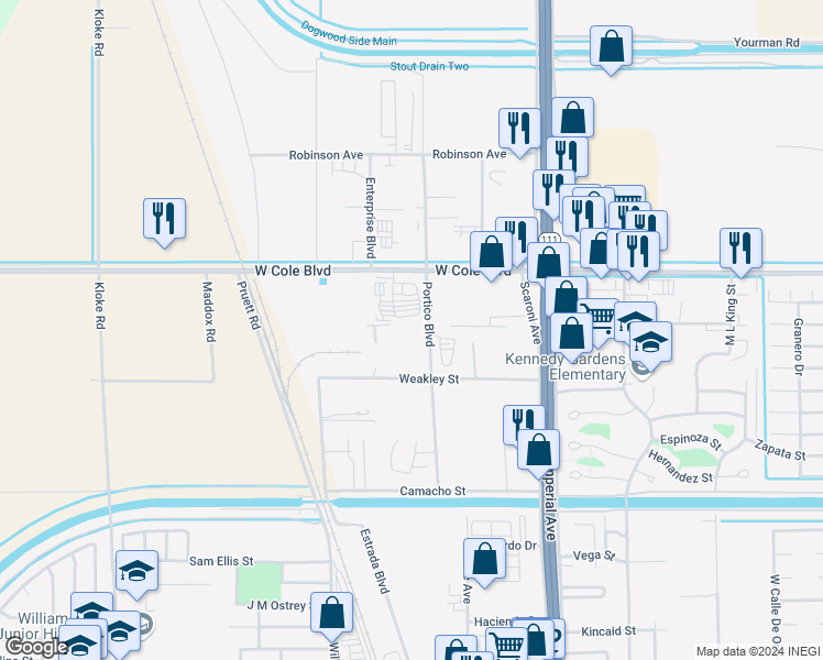 map of restaurants, bars, coffee shops, grocery stores, and more near 2351 Portico Boulevard in Calexico