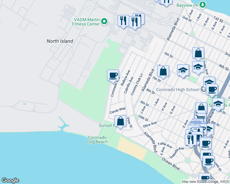 map of restaurants, bars, coffee shops, grocery stores, and more near in Coronado